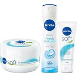 Uravas Store Nıvea Soft Krem 300ML, Nemlendirici Bakım Kremi, Yüz, Vücut, El, Jojoba Yağı ve E Vitamini ile Cilt Bakımı ve Nıvea Kadın Sprey Deodorant Fresh Natural 150ML, ve Nıvea Soft 75 Ml, El Kremi