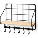 Uravas Store Orret Home Duvara Asılabilir Yapışkanlı Raf ve 6 Kancalı Organizer, Ahşap Raflı Metal Mutfak Düzenleyici, Delmeden Monte Edilebilir Askılı Duvar Rafı, Baharatlık, Havluluk, Bardaklık