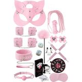 Uravas Store Sınırsızmarket 15 Parça Pembe Fantezi Set, Kedi Maskesi, Kelepçe, Kamçı, Oyun Kartları, Tüy Tickler, Göz Bandı Dahil