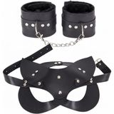 Uravas Store Sınırsızmarket Siyah Suni Deri Kelepçe ve Kedi Maskesi Seti, Metal Zincirli, Kadife Astarlı