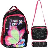 Uravas Store Tahticmer Ilkokul Okul Ortaokul Sırt Çantası Kız Erkek Unisex Beslenme Çantalı Kalemlikli Ortopedik 3lü Set Kelebek Okul Çantası Siyah Pembe