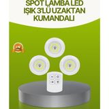 Uravas Store Uzaktan Kumandalı 3 Lü Kablosuz LED Spot Lamba Seti Yapışkanlı Pratik Kullanım