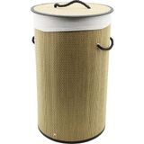 Uravas Store Yuvarlak Hasır - Ahşap Kirli Çamaşır Sepeti 37X60CM Seyyar Kapaklı Içi Bezli Ip Kulplu BX40