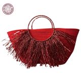 Uretti - Ayşe 4723 2151 El Yapımı Tress İp Yuvarlak Metalik İp Saplı Püskül Detaylı Plaj Çantası - Kırmızı