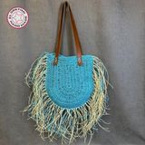 Uretti - Ayşe 4723 3374 El Örgüsü Renkli Püsküllü Kağıt Ip Kadın Omuz Çantası / Mavi - En: 29cm Boy: 31 cm