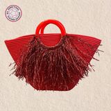 Uretti - Ayşe 4723 3884 El Yapımı Tress Ip Yuvarlak Saplı Metalik Ip Püskül Detaylı Plaj Çantası - Kırmızı - Boy:30 cm En: 45 cm Askı boyu: 6 cm