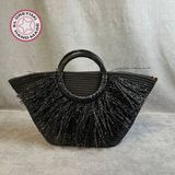 Uretti - Ayşe 4723 9052 El Yapımı Tress Ip Yuvarlak Saplı Plaj Çantası - Siyah - Boy: 24 cm En: 45 cm Askı boyu: 6 cm