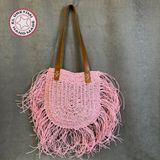 Uretti - Ayşe 4723 El Örgüsü Püsküllü Kağıt Ip Kadın Omuz Çantası - En: 29cm Boy: 30 cm - Pembe