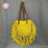Uretti - Ayşe 4723 El Örgüsü Püsküllü Kağıt Ip Kadın Omuz Çantası - En: 29cm Boy: 30 cm - Sarı
