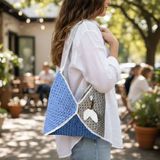 Uretti - Emine 9106 8329 El Örgüsü Boncuk Detaylı Renkli Çanta / 33 cm - 34 cm - 33 x 34 cm - Mavi