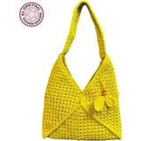 Uretti - Emine 9106 8528 El Örgüsü Ahşap Boncuk Detaylı Omuz Çantası - Limon Sarısı - En:30cm Boy:32 cm