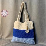 Uretti - Emine 9106 El Örgüsü Çiçek Motifli Mavi - Krem Kol Çantası - 38cm*34cm - --Mavi