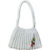 Uretti - Emine 9106 El Örgüsü Hasır Görünümlü Penye Kumaş Omuz Çantası - 26 x 19 - Beyaz