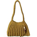 Uretti - Emine 9106 El Örgüsü Hasır Görünümlü Penye Kumaş Omuz Çantası - 26 x 19 - Kahverengi