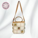 Uretti - Hacer 8870 8128 El Yapımı Pamuk Ip Çiçek Motifli Omuz Çantası - Bej - Boy: 36 cm En: 36 cm