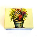 Uretti - Hülya 6683 2378 El Yapımı Nostaljik Retro Kedi Baskılı Kare Ahşap Dekoratif Saklama/Takı Kutusu - Mavi