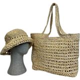 Uretti - Necla 4345 8391 El Yapımı Rafya Ip Şapka ve File Model Omuz Çantası - 45 cm x 30 cm - Bej - 45 x 30 cm