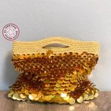 Uretti - Rukiye 7294 El Yapımı Payetli Makrome Ip Clutch Çanta 24CM / Sarı