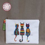 Uretti - Sümeyya 2589 1714 El Yapımı Etnik Kedi Desenli Boncuk İşlemeli - Yeşil Püsküllü Clutch Çanta - En: 31 cm Boy: 23 cm - Bej