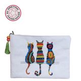 Uretti - Sümeyya 2589 1714 El Yapımı Etnik Kedi Desenli Boncuk İşlemeli - Yeşil Püsküllü Clutch Çanta