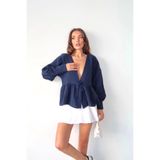 URİS Kadın Lacivert Önden Bağlamalı Uzun Kol Müslin Kumaş Kimono Bluz