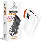 URUCHI 22.5W PD 3.0 Kablolu Powerbank, Gerçek 20.000 mAh Taşınabilir Şarj Cihazı, Dahili Type-C, Lightning ve Micro USB Kablolu, LED Ekranlı, Hızlı Şarj, iPhone 16/15 ve Android Uyumlu, Beyaz