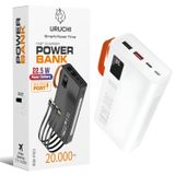 URUCHI 22.5W PD 3.0 Kablolu Powerbank, Gerçek 20.000 mAh Taşınabilir Şarj Cihazı, Dahili Type-C, Lightning ve Micro USB Kablolu, LED Ekranlı, Hızlı Şarj, iPhone 16/15 ve Android Uyumlu, Beyaz