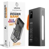 URUCHI 22.5W PD 3.0 Kablolu Powerbank, Gerçek 20.000 mAh Taşınabilir Şarj Cihazı, Dahili Type-C, Lightning ve Micro USB Kablolu, LED Ekranlı, Hızlı Şarj, iPhone 16/15 ve Android Uyumlu, Siyah