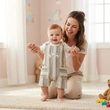 Ürünya Unisex Bebek Askılı Nakış Işlemeli Sıfır Kollu Şort Tulum - Haki - 3 - 6 Ay