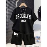 Usa Brooklyn Yazı Baskılı Şort-T/shirt Alt Üstçocuk Takım - 13-14 - Siyah
