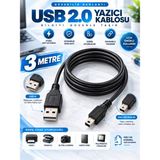 Usb-A Erkek To Mini USB 5 Pin Kablo – 3 Metre Veri Aktarım ve Cihaz Bağlantı Kablosu