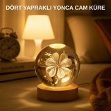 USB Bağlantılı Yonca Bitkili Cam Küre Ahşap Altlıklı Dekoratif Lamba