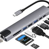 USB C HUB, 8'i 1 arada USB C adaptörü, 4K HDMI, Type C 100W PD, USB C bağlantı noktası, USB 3.0, RJ45 Ethernet, SD/TF kartları, yerleştirme istasyonu, MacBook Air/Pro, Windows, Switch, iPhone 16 vb.