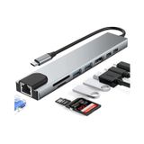 USB C Hub 8'i 1 arada, USB C Yerleştirme İstasyonu, Çoklu Bağlantı Noktası Adaptörü, 4K HDMI, Tip C 100W PD, SD/TF Kart Okuyucu, USB 3.0, Gigabit Ethernet LAN Adaptörü, MacBook Air/Pro, Laptop, Huawei