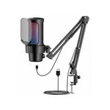 USB RGB Kondansatör Mikrofon + Boom Kol Stand Seti | Mute Tuşlu Gürültü Azaltma Siyah Tek Ebat