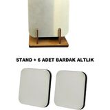 Usin Ahşap 6lı Gümüş Bardak Altlık Standı + 6 Adet Metal Yüzey Ahşap Taban Türk Kahvesi Fincan Altlığı Çay Kupa Bardak Altlığı