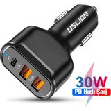 Uslion 30W 2 USB + Type-C Girişli Qc3.0 Hızlı Araç Çakmaklık ŞARJI-(5775) - TK002M-6VQVS5 - Siyah - Renkli