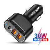 Uslion 30w 2 Usb + Type-c Girişli Qc3.0 Hızlı Araç Çakmaklık Şarjı Siyah
