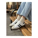 USLU "Retro Tarz Beyaz Bej Süet Burunlu Siyah Çizgili Klasik Sneaker Ayakkabı"