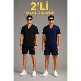 Uslucan Alışveriş Erkek 2li Krep Kumaş Cepli Gömlek Şort Takım Kısa Kollu Bağcıklı - Siyah - Lacivert - 2XL - Çok Renkli