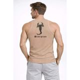 USLUCAN ALIŞVERİŞ Erkek Fitilli Atlet Sıfır Yaka Slim Fit Arka Baskılı Spor Atlet - Bej