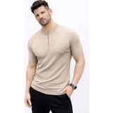 Uslucan Alışveriş Erkek Kısa Kol Fitilli Triko T-Shirt Yazlık Hakim Yaka Tişört - Bej - 2XL
