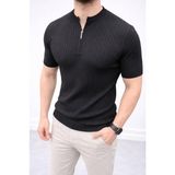 Uslucan Alışveriş Erkek Kısa Kol Fitilli Triko T-Shirt Yazlık Hakim Yaka Tişört - Siyah