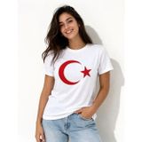 Uslucan Alışveriş T-Shirt Kısa Kol Bisiklet Yaka Ay Yıldız Bayrak Baskılı Tişört - Beyaz