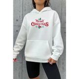 Uslucan Alışveriş Yılbaşı Merry Christmas Baskılı Oversize Kapüşonlu Sweatshirt Hoodie - Beyaz