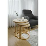 Usta Gold Metal Traverten Mermer Desen Ahşap Tablalı 3 lü Zigon Sehpa Altın