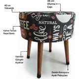 Ustaagac Kahve Desenli Puf Tabure – Retro Coffee Tasarım, Ahşap Ayaklı