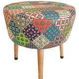 Ustaagac Puf Koltuk Tabure - Bohem Etnik Patchwork Osmanlı Desen - Ahşap Gürgen Ayaklı Haki