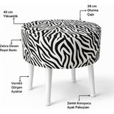 Ustaagac Salon Pufu – Dalgalı Zebra Desenli, Ahşap Ayaklı Dekoratif Tabure - Beyaz