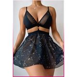 Üstü Şeffaf Yıldız Desenli Baby Doll Bralet Takım – Konforlu, Hafif, Şık - Siyah